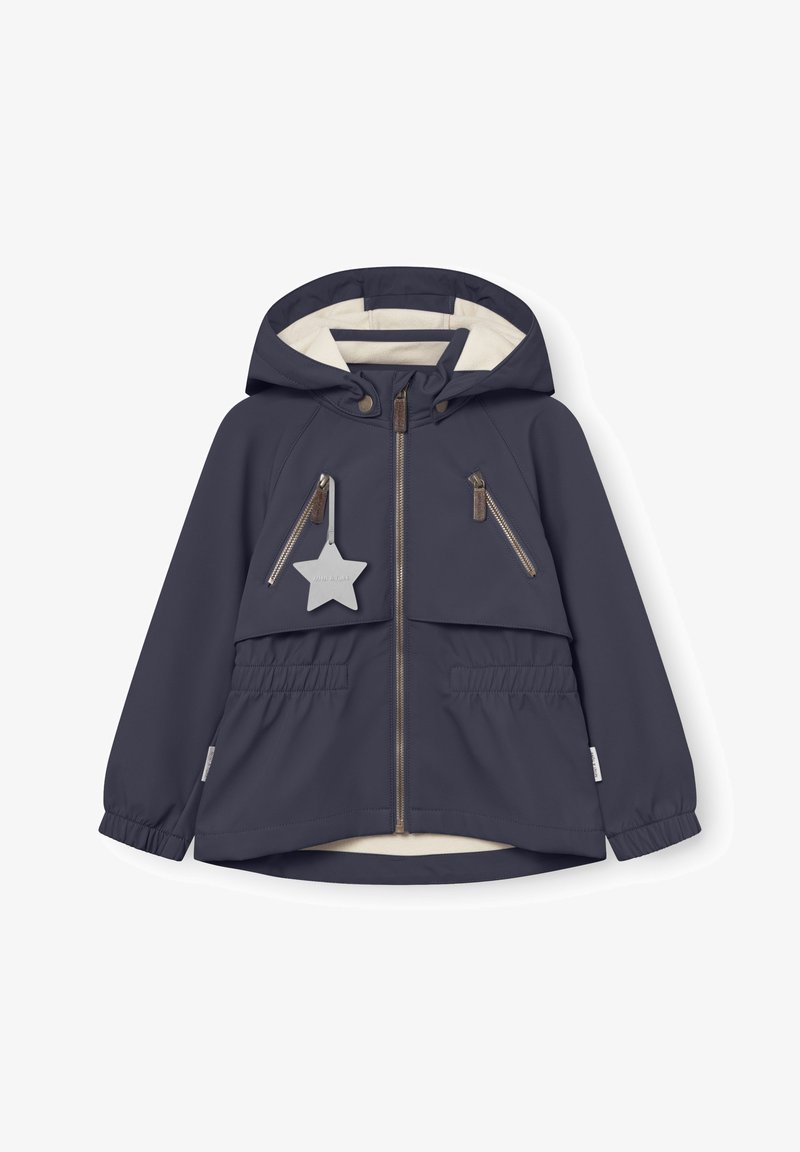 Μπλε ναυτικό παιδικό μπουφάν με κουκούλα, εμπρόσθιο φερμουάρ, δύο τσέπες στο στήθος με φερμουάρ, ελαστικές μανσέτες και κρεμαστό αστέρι στο αριστερό τσεπάκι.