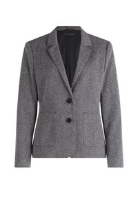 Szary żakiet z teksturowanym wzorem w rybie łuski, z klapami, zapięciem na jeden guzik i dwoma przednimi kieszeniami. Gładka podszewka wewnątrz.