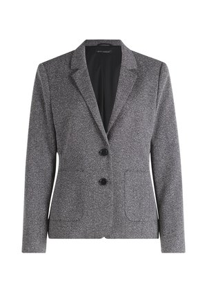 Grijze blazer met een gestructureerd visgraatpatroon, notch revers, en enkele knoopsluiting, voorzien van twee voorkeurszakken. Glad gevoerd aan de binnenkant.