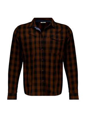 Bruin en zwart geruit overhemd met lange mouwen, knoopsluiting aan de voorkant, één borstzak en kraag. Gemaakt van lichte stof met een soepele textuur.