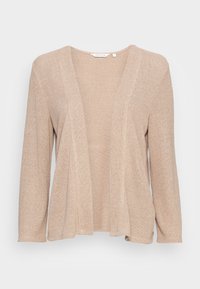 Beige öppen stickad cardigan med långa ärmar, ribbade kanter och en liten storleksetikett vid kragen.