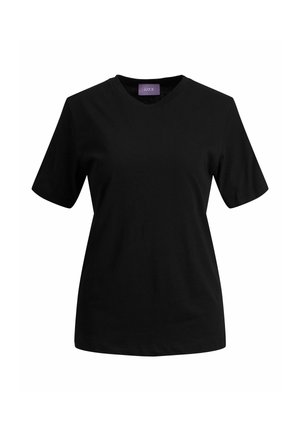 T-shirt noir femme à manches courtes, col rond et étiquette violette à l'intérieur du col sur fond blanc.