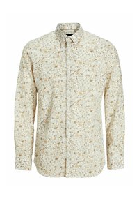 Camicia a maniche lunghe di colore bianco sporco con stampa floreale in beige e marrone. Presenta un colletto classico e chiusura frontale a bottoni. Tessuto dalla texture liscia.
