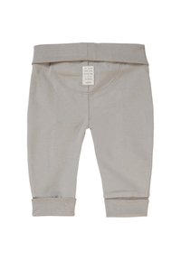 Hellgraue Baumwollhose für Kleinkinder mit einem Bund und Bündchen. Mit einem Etikett mit Text. Glatte Textur, lässige Passform.