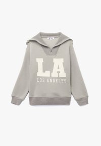 Szara bluza z ribbowanym kołnierzem i mankietami, z pół zamkiem błyskawicznym i dużym napisem "LA" poniżej "LOS ANGELES" na biało.