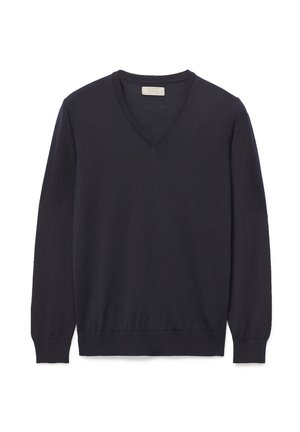 Marineblå V-hals sweater lavet af blødt stof. Har lange ærmer samt ribbede manchetter og kant. Minimalistisk design med en klassisk silhuet.