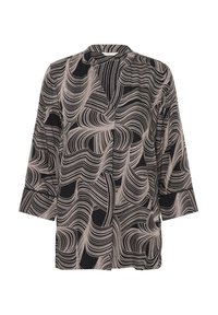 Mustmust, millel on beige lainemuster, kolmeveerandi varrukatega, lõdva lõikega ja kaelusest ilma disainiga. Kerge kangas.