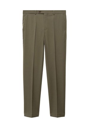 Pantaloni din verde măslin, croiți, cu o textură netedă, având pliuri în față, buzunare laterale și închidere cu nasture la talie.