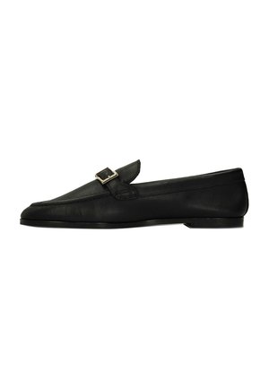 Black leather loafer with a gold buckle on top, flat heel, and rounded toe, shown in side profile on a white background.