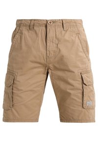 Shorts cargo beiges à coupe décontractée, dotés de deux poches latérales, deux poches cargo et d'une fermeture à bouton. Confectionnés en coton léger.