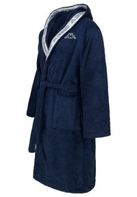 Navyblauer Frottee-Bademantel mit Kapuze, featuring ein weißes Logo-Band am Kragen, einem Bindegürtel und einer seitlichen Fronttasche.
