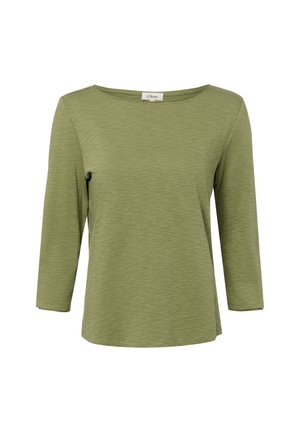 Olijfgroene dames blouse met lange mouwen, een ronde halslijn en licht gestructureerde stof.