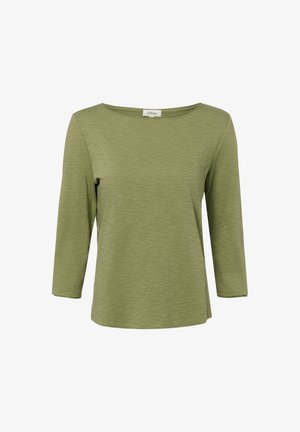 Olijfgroene dames blouse met lange mouwen, een ronde halslijn en licht gestructureerde stof.
