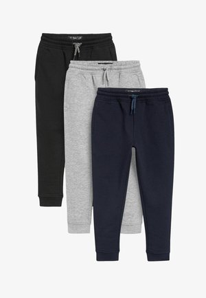 Tre par joggebukser: sort, grå og marineblå. Fremstillet af bomuldsblanding, med elastisk talje, snøre detaljer og ribbede nederkanter.