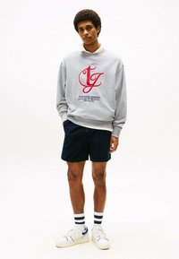 Sudadera gris con logo rojo, combinada con shorts azul marino. El modelo lleva zapatillas blancas y calcetines a rayas; ajuste relajado, escote redondo. Diseño sencillo.