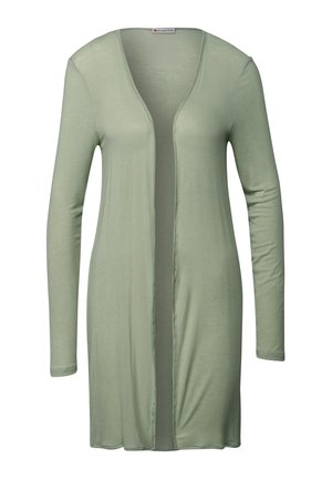 Long-sleeved cardigan in light green, made of soft, smooth fabric. Features an open front design with a flowing cut and no fastenings.