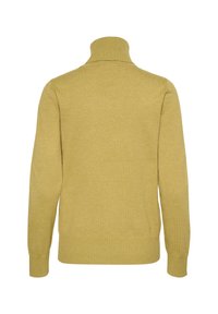 Ljusgul polotröja, ribbade ärmslut och nederkant, mjuk textur, rak passform, enfaldig design utan mönster eller utsmyckningar.