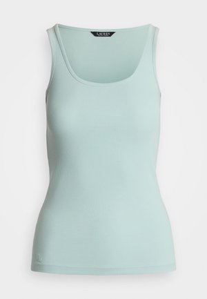 Light blue tank top made of ribbed fabric, featuring a square neckline and narrow straps. Logo accent present at the bottom right.