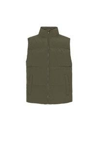 Gilet matelassé vert olive avec un col haut, une fermeture éclair à l'avant et deux poches latérales. Il présente un logo circulaire au niveau de la poitrine.