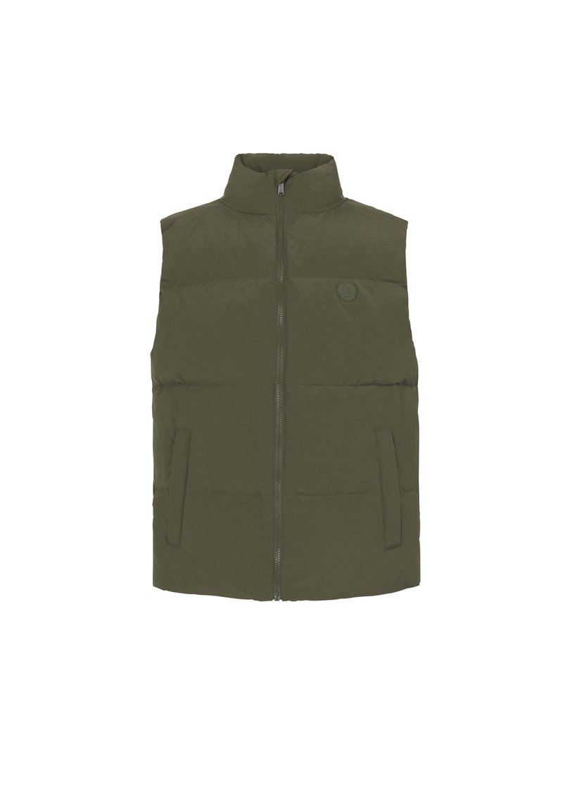 Gilet matelassé vert olive avec un col haut, une fermeture éclair à l'avant et deux poches latérales. Il présente un logo circulaire au niveau de la poitrine.
