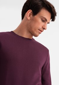 Sweatshirt à col rond à manches longues de couleur violet profond, fabriqué en tissu de coton doux avec une texture lisse et un col côtelé.