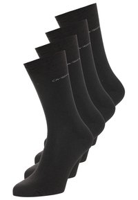 Black crew socks, cotton blend, ribbed texture, medium thickness, four pairs, reinforced toe, with subtle branding on the top band.