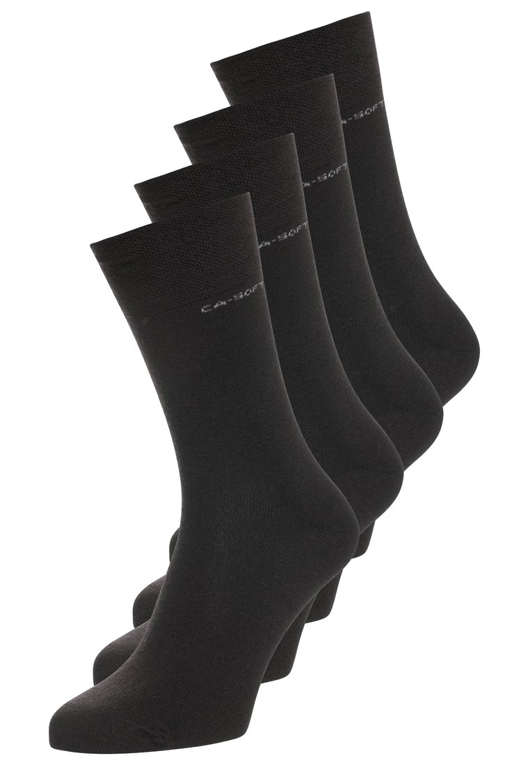 Black crew socks, cotton blend, ribbed texture, medium thickness, four pairs, reinforced toe, with subtle branding on the top band.
