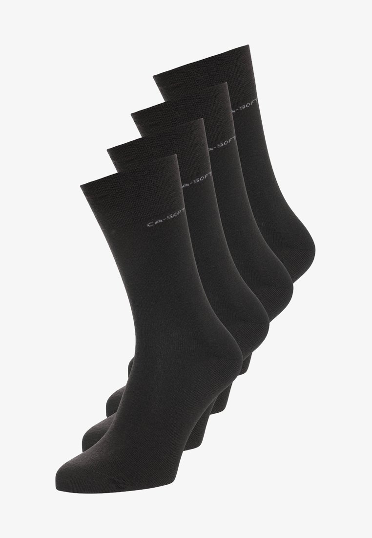 Meias de crew pretas, mistura de algodão, textura ribbed, espessura média, quatro pares, com biqueira reforçada e branding subtil na banda superior.