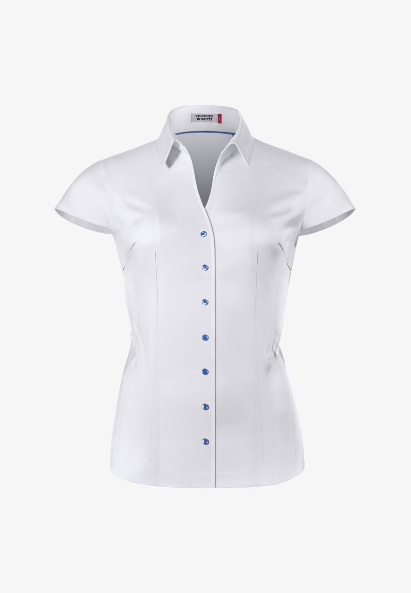 White short-sleeve blouse with a fitted design, blue button front, and blue accent on the collar, featuring subtle vertical seam details.