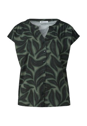 Blouse à manches courtes avec motif abstrait de feuilles vertes et noires, boutonnée sur le devant et col en V.