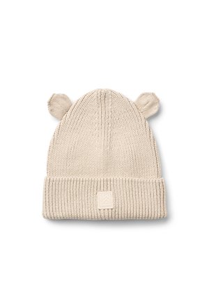 Bonnet tricoté couleur crème avec bord retourné et deux petites oreilles rondes sur le dessus, conçu pour les enfants.