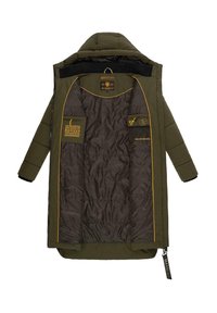 Grön vadderad jacka med svart inredning, med gula detaljer, flera fickor och dragkedja. Designen har en huva och texturerad tyg.