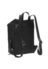 Sac à dos en cuir noir avec une finition texturée, des bretelles réglables, des poignées supérieures et une poche zippée sur le côté pour une fonctionnalité supplémentaire.