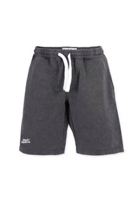 Grå bomullsshorts med elastisk midja, vit dragsko, sidofickor och vit logotext på nedre vänstra kanten.