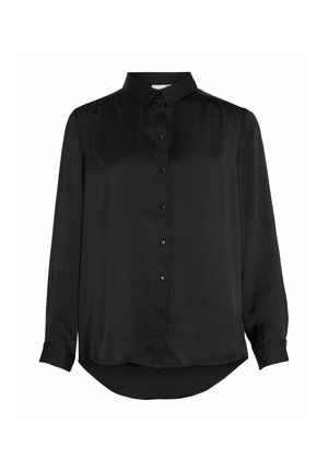 Melnas garām piedurknēm pogājamas blūzes no gluda materiāla, ar standarta apkakli, priekšējo pogu aizdari un noapaļotu apakšmalu.