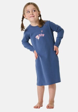 Long-sleeve dress in blue cotton with a relaxed fit, featuring a pink "Paris" graphic design on the front and side pockets.