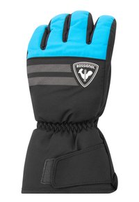 Černá a modrá izolační rukavice s designem zakřivených prstů, s utaženým zápěstím, reflexními pruhy a logem Rossignol.