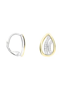 Hängande örhängen med tårform, i silver och guldtoner, förgyllda med glittrande stenar i böljande utskärningar.