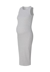 Robe de maternité grise avec une silhouette ajustée, sans manches et longueur genoux. Fabriquée en tissu doux et extensible pour le confort.