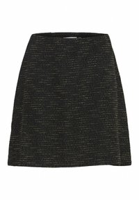 Fekete szoknya texturált mintával, arany díszítéssel, A-vonalú fazonnal és tiszta szegéllyel. Különböző alkalmakra megfelelő.