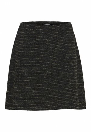 Črna krila z teksturiranim vzorcem in zlatimi poudarki, A-linijska zasnova in čist rob. Primerna za različne priložnosti.