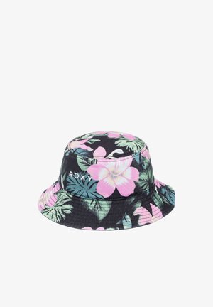 Zwarte bucket hat met een roze en groene tropische bloemenpatroon. Gemaakt van lichtgewicht stof, met een flexibele rand en Roxy-logo.
