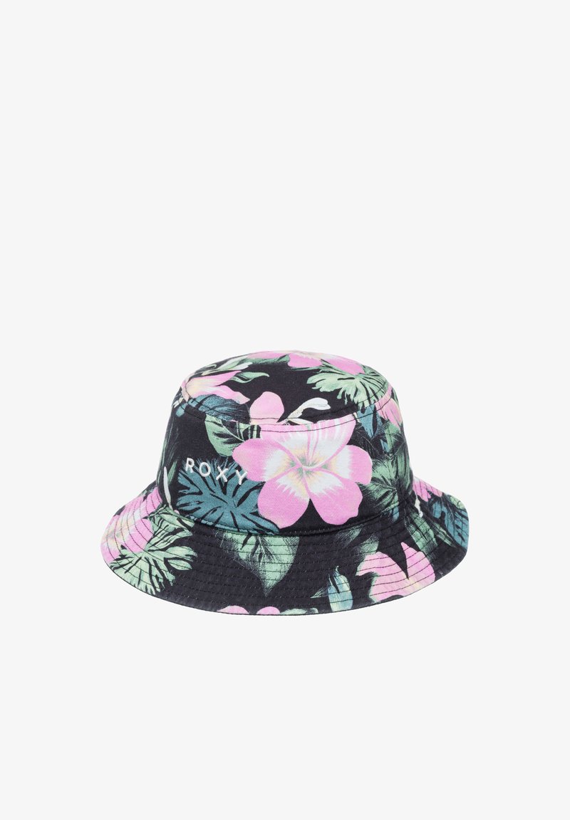 Chapeau seau noir avec motif floral tropical rose et vert. Fabriqué en tissu léger, il dispose d'un bord flexible et du logo Roxy.