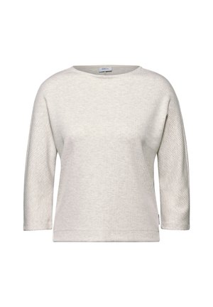 Lichtgrijs geribbeld langemouwen top met een ronde hals en een relaxte pasvorm. Beschikt over een gestructureerde stof en subtiele stiksels.