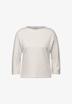 Jasnoszara, prążkowana bluzka z długim rękawem, okrągłym dekoltem i luźnym krojem. Posiada teksturowaną tkaninę oraz subtelne detale w szyciu.