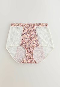 Floral high-waisted panties with a pink and cream pattern, featuring sheer white lace sides and elastic waistband for added comfort.