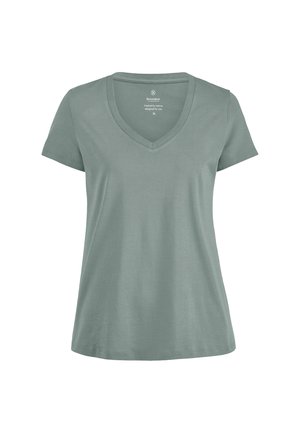 T-shirt da donna a maniche corte verde salvia con scollo a V, vestibilità comoda, tessuto morbido e logo discreto all'interno del collo.