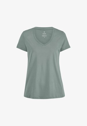 Kurzarmliges V-Ausschnitt Damen-T-Shirt in Salbeigrün mit lockerem Schnitt, weichem Stoff und dezentem Branding im Nackenbereich.