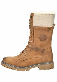 Bottines marron à lacets montant jusqu'au genou, avec une tige en simili cuir texturé, un col en polaire douce et une semelle robuste dotée d'un design de profil prononcé.