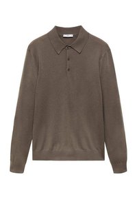 Polo shirt marron à manches longues, avec un col classique, une patte de boutonnage à trois boutons et des poignets et un ourlet côtelés. Texture douce, design simple.